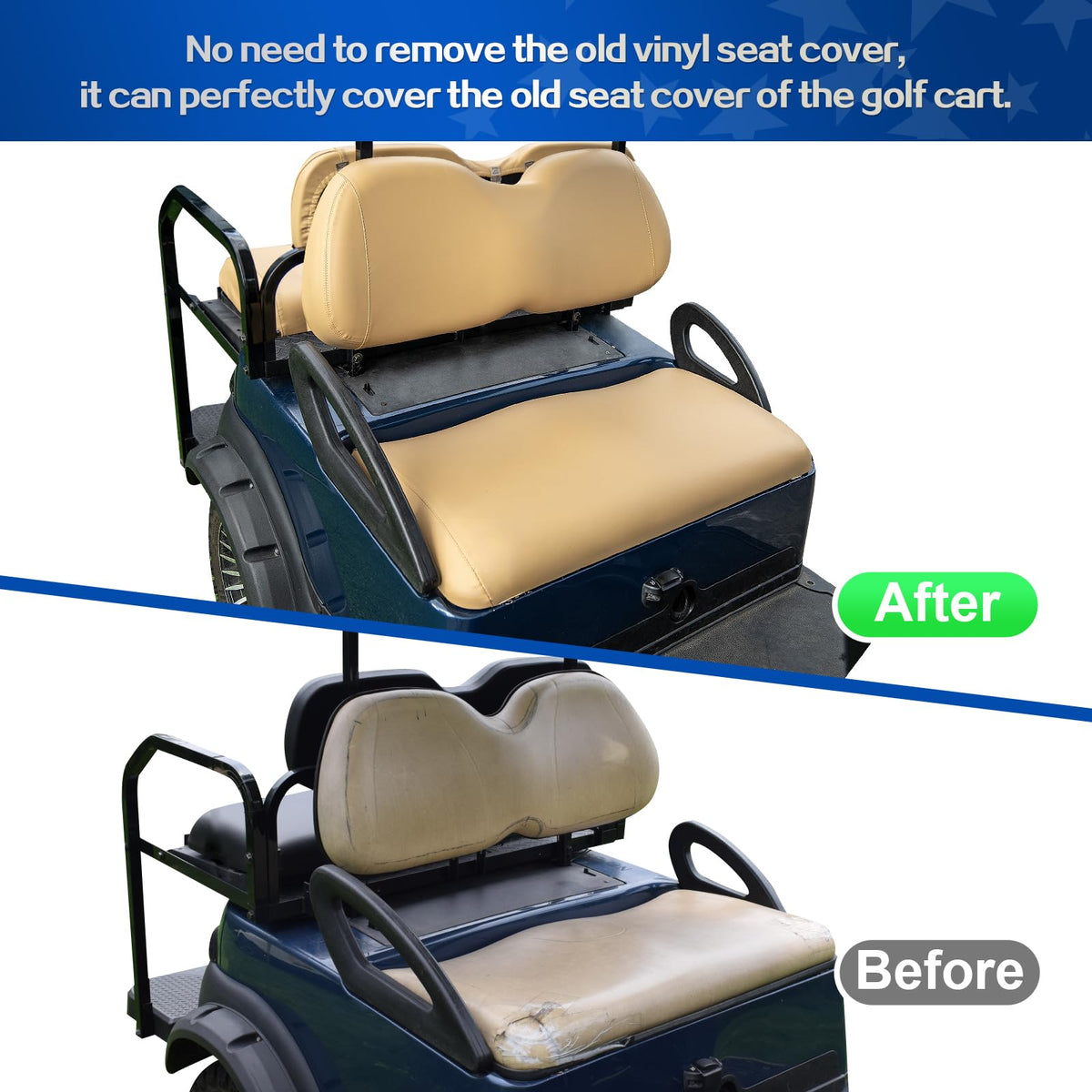 NOKINS luxury-look tan seat cover elevating golf cart interior.