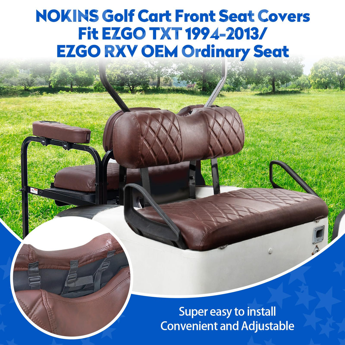NOKINS rear seat cover for EZGO TXT RXV with flip-up armrests adds flexibility.