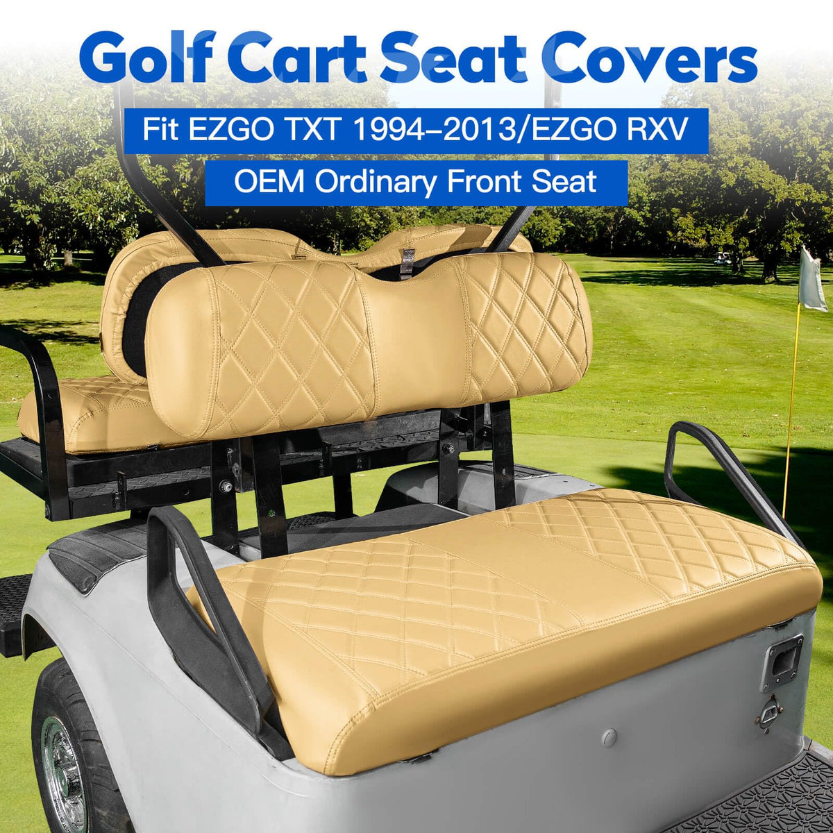 NOKINS rear tan seat cover on EZGO cart protects upholstery and adds style.