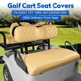 NOKINS rear tan seat cover on EZGO cart protects upholstery and adds style.