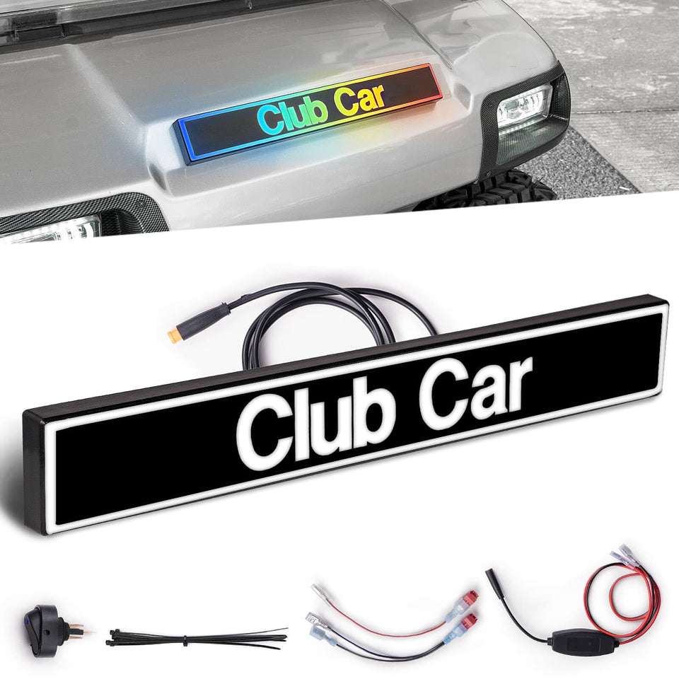 NOKINS RGB front name plate on Club Car DS enhances cart aesthetics with dynamic lighting.