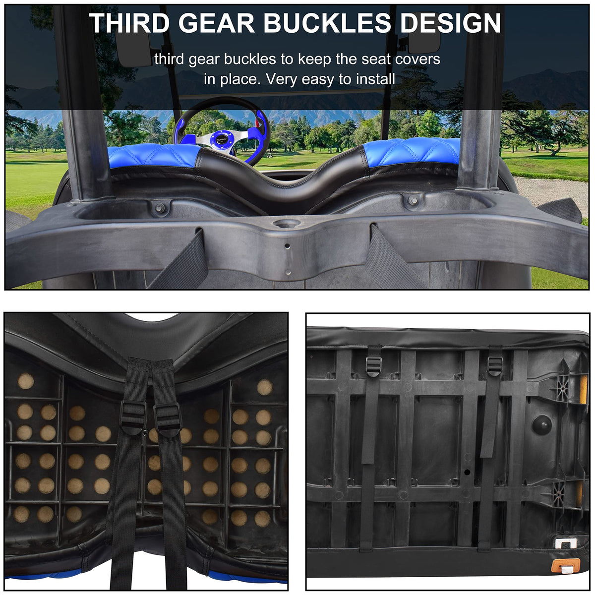 NOKINS seat cover on a golf cart demonstrates quick upgrade.
