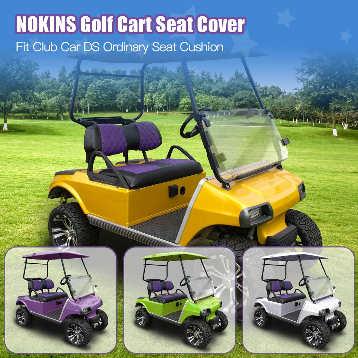 NOKINS slip-on installation for front-seat cover without tools.