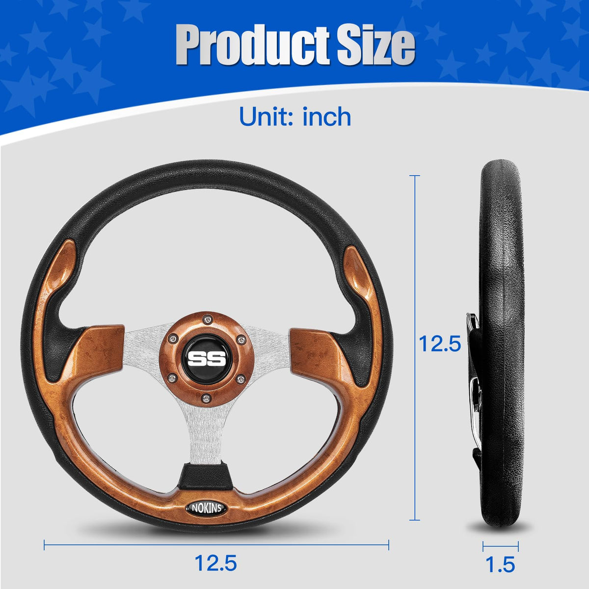 NOKINS steering-wheel kit includes wheel, wrench, screws for quick DIY installation.