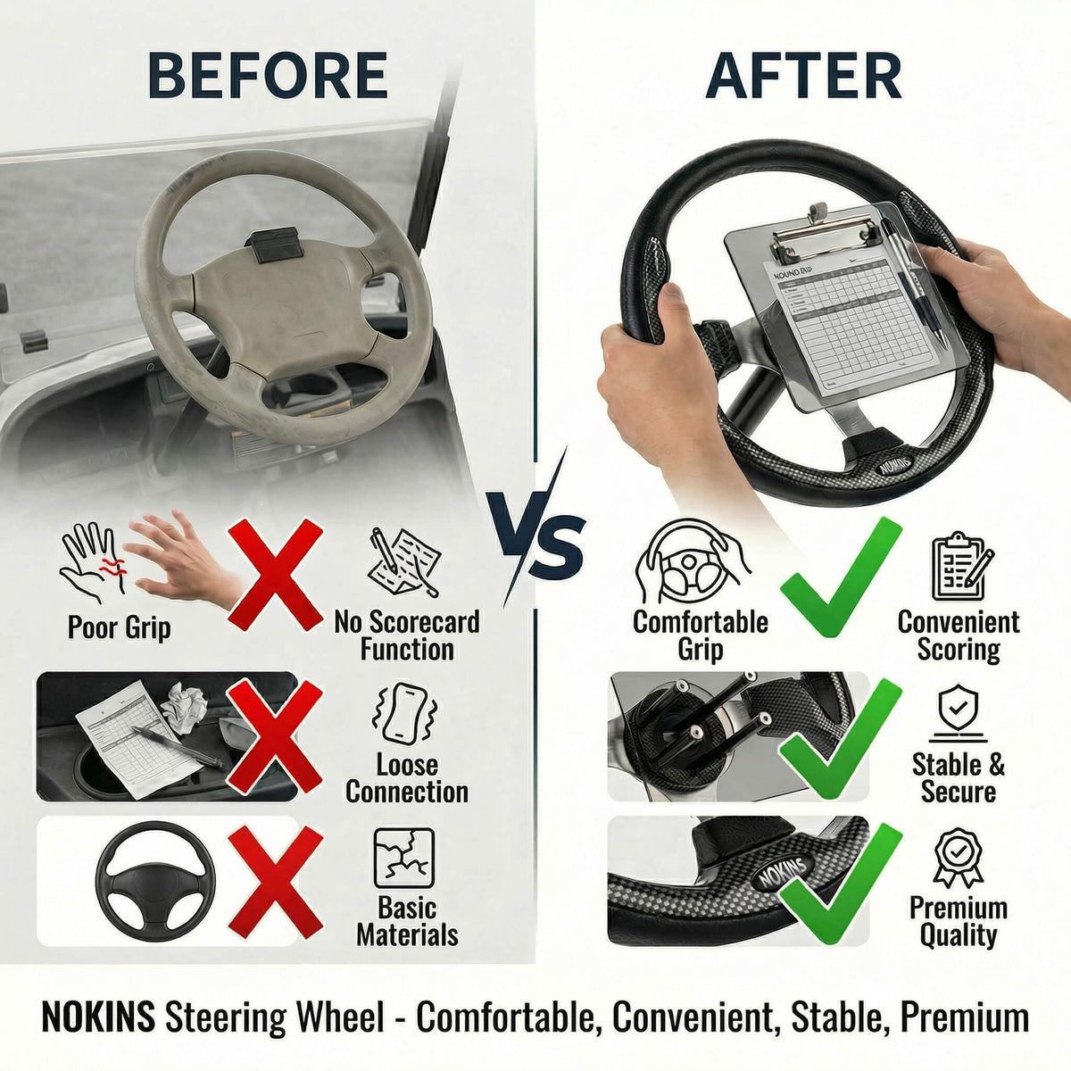 NOKINS steering wheel with scorecard holder installed on a Club Car DS