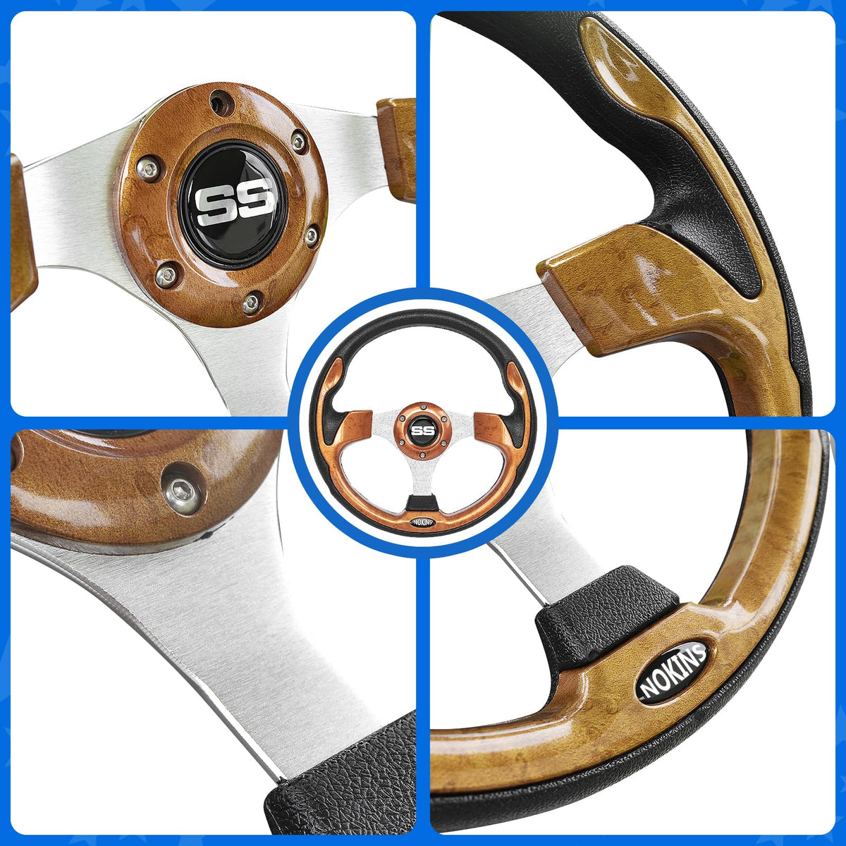 NOKINS universal compatibility shows EZGO TXT/RXV, Club Car DS/Precedent, Yamaha fitment.