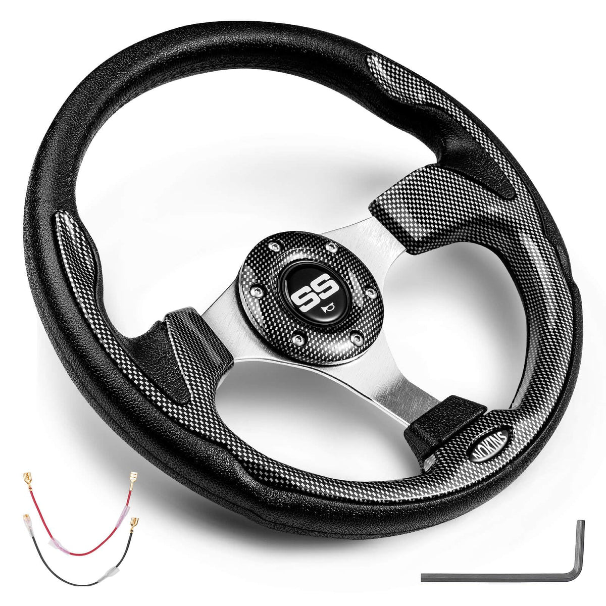 NOKINS carbon fiber black steering wheel for EZGO and Club Car, enhanced grip.