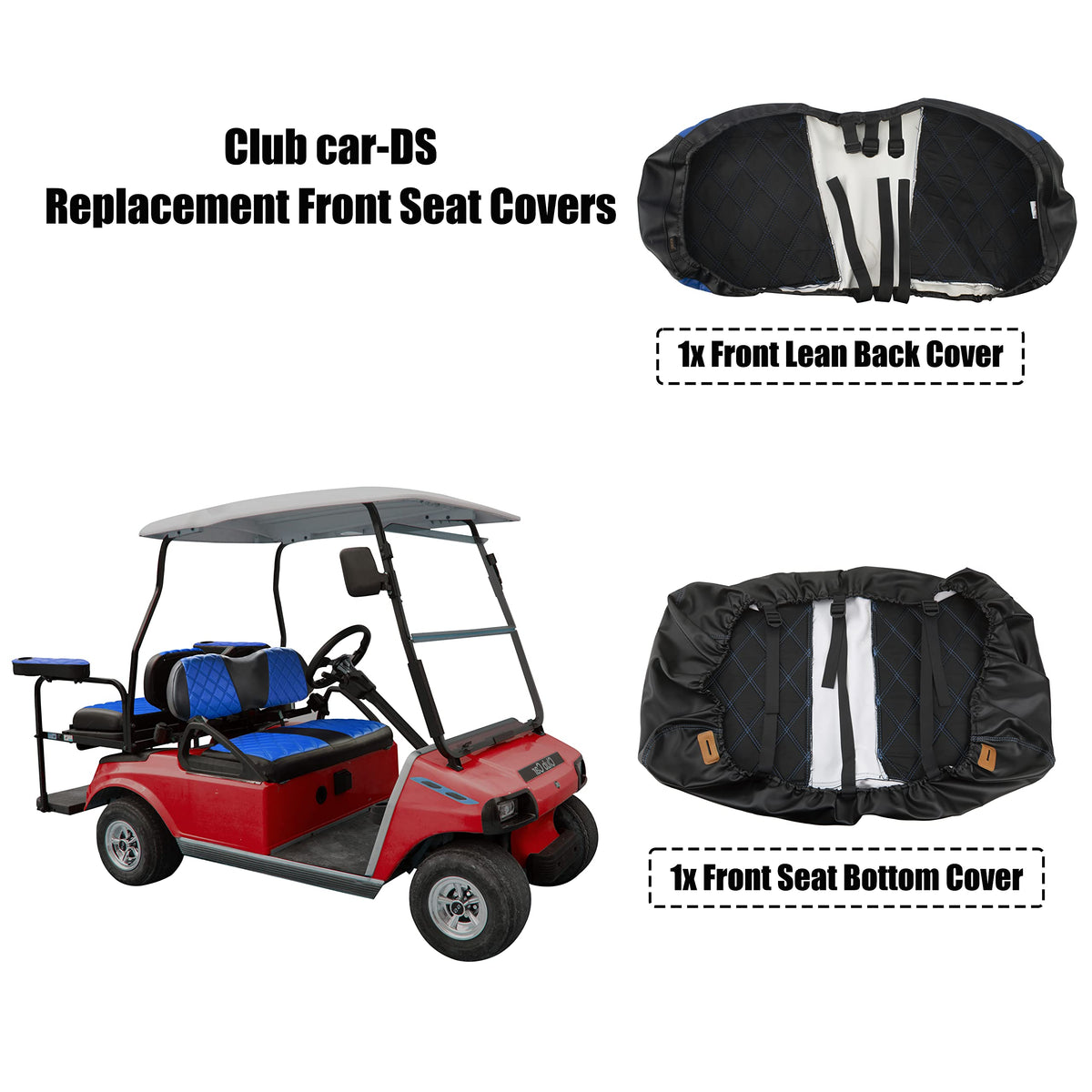 Blue and black vinyl front seat cover adds premium look to golf cart interior