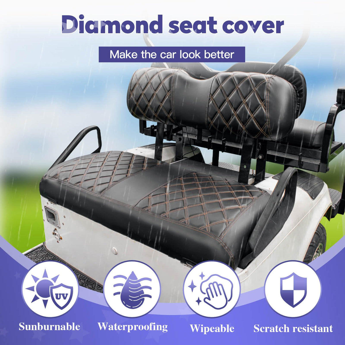 NOKINS vinyl front seat cover material close-up demonstrates scratch resistance and easy cleaning.