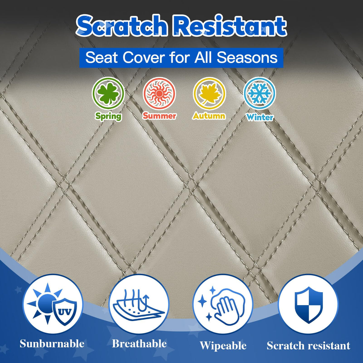 NOKINS vinyl Oyster Gray seat covers closeup shows a durable, scratch-resistant surface.