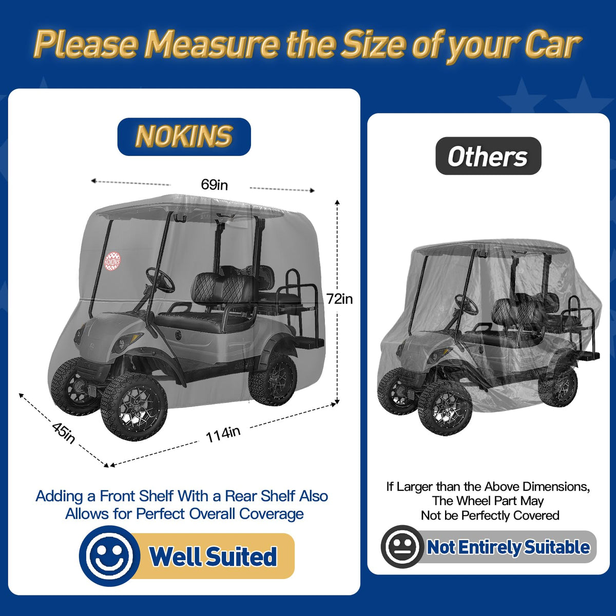 NOKINS golf cart cover with waterproof zipper doors and buckles on sides.