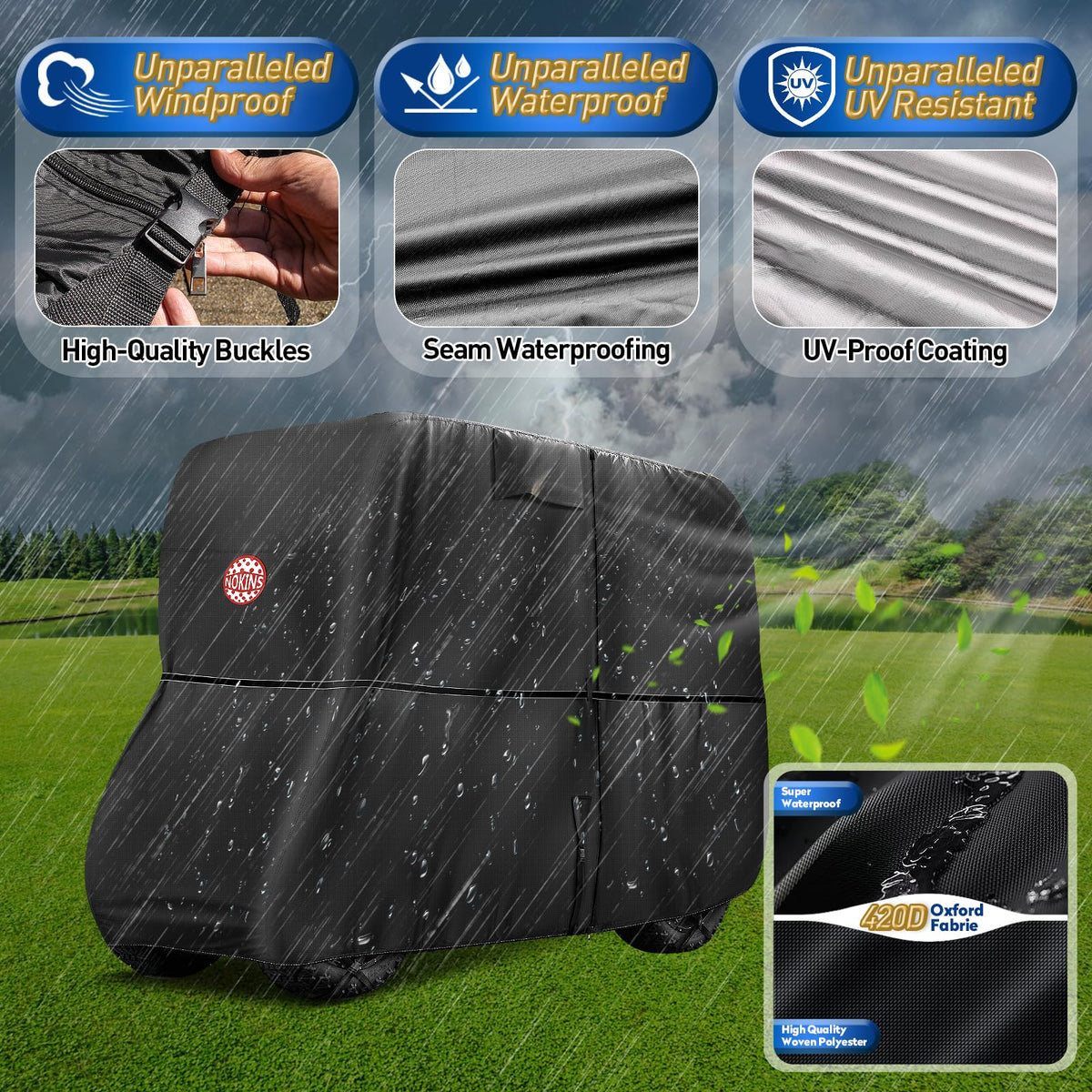NOKINS protection against wind and rain keeps the cart clean and dry.