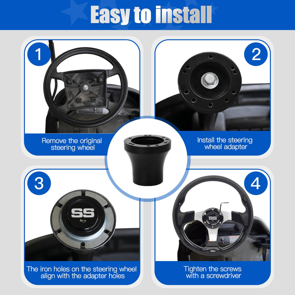 NOKINS adapter for 5- and 6-hole wheels ensuring secure Yamaha steering wheel fit.