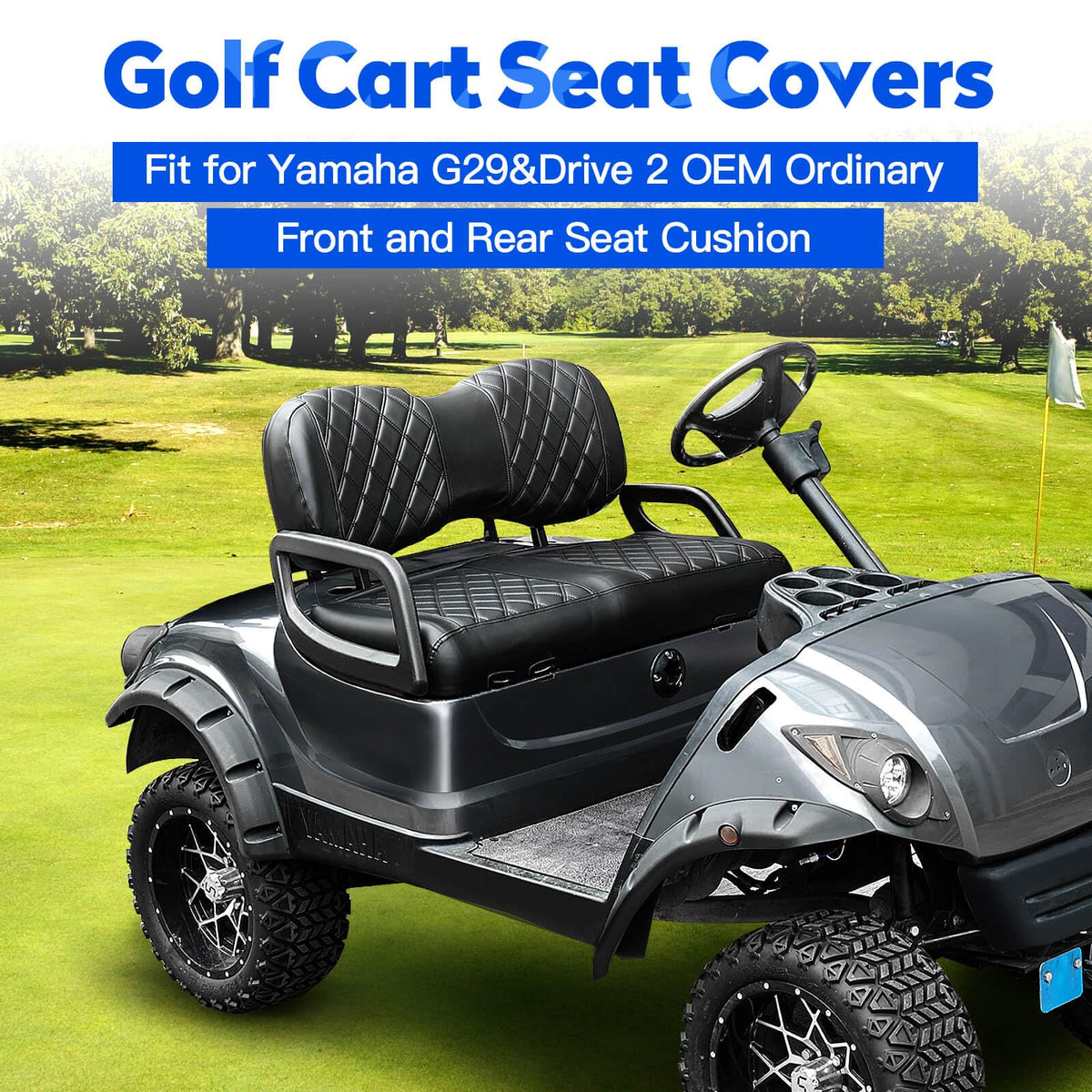 NOKINS Yamaha G29 rear seat cover in black stitch protects aftermarket cushions.