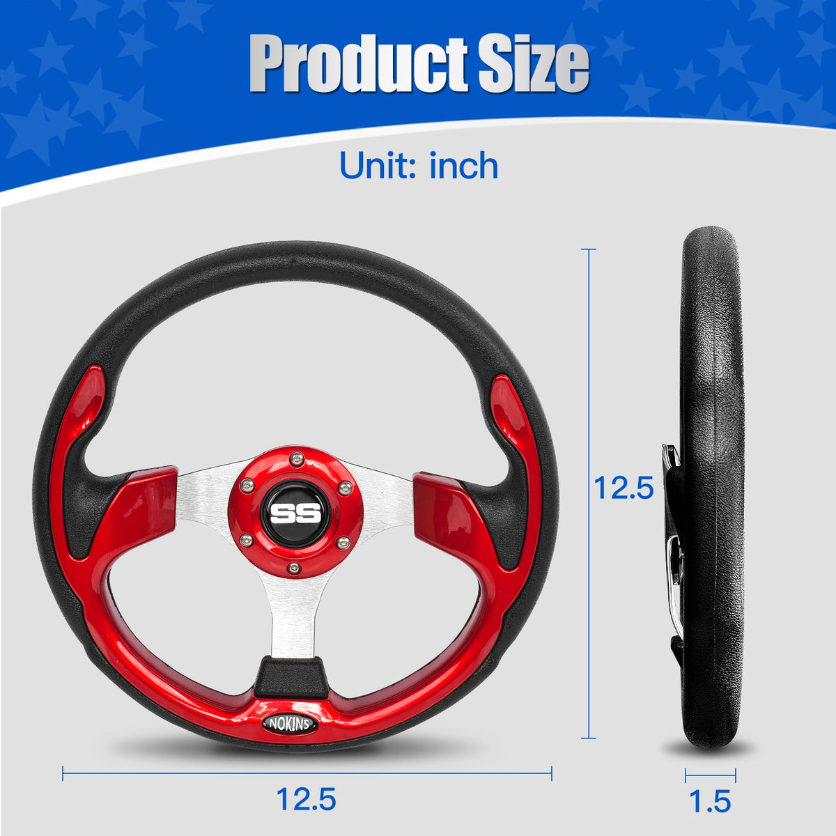NOKINS Yamaha golf cart steering wheel red enhances grip during drives.