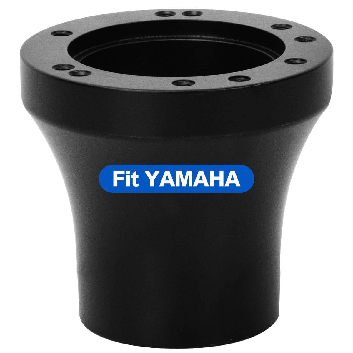 NOKINS Yamaha steering wheel adapter close-up in black finish, corrosion-resistant aluminum.
