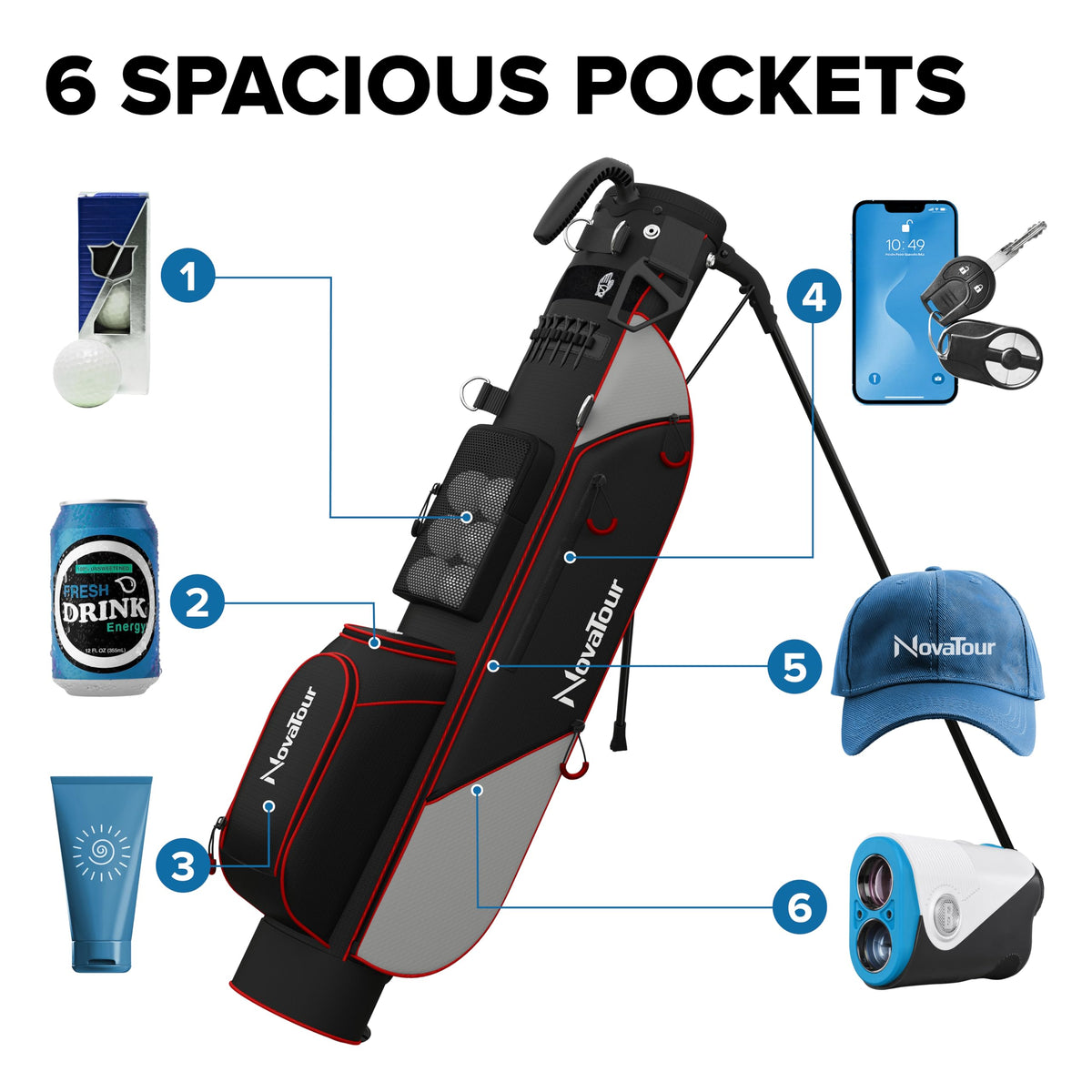 NovaTour bag showing six zippered pockets for organized storage