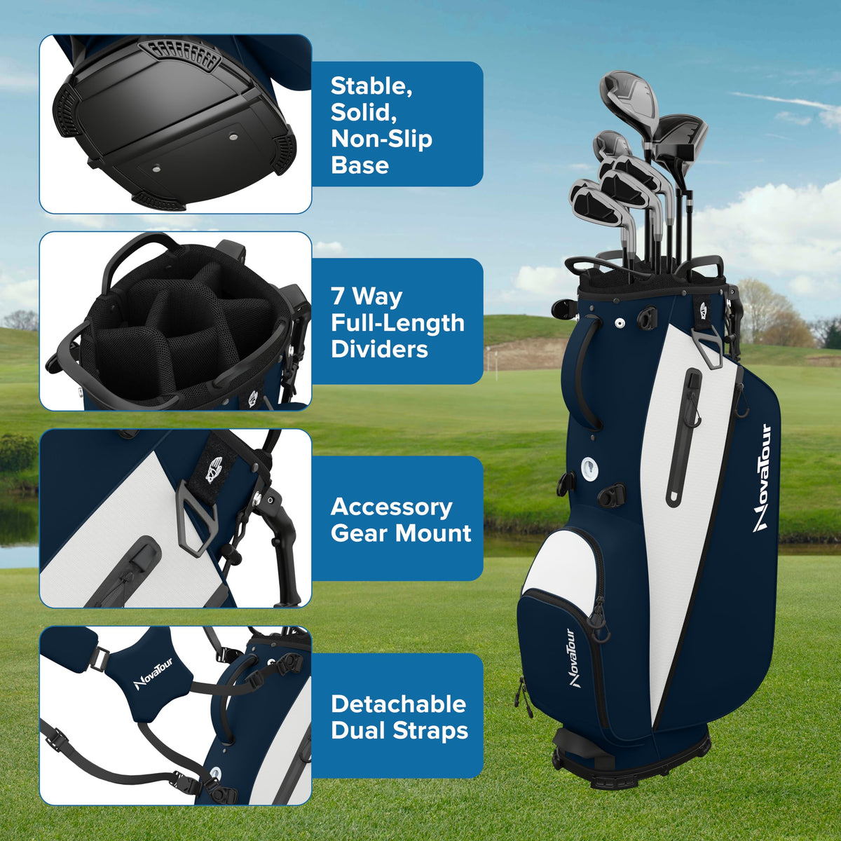 NovaTour golf stand bag showcasing 7-way dividers for organized clubs