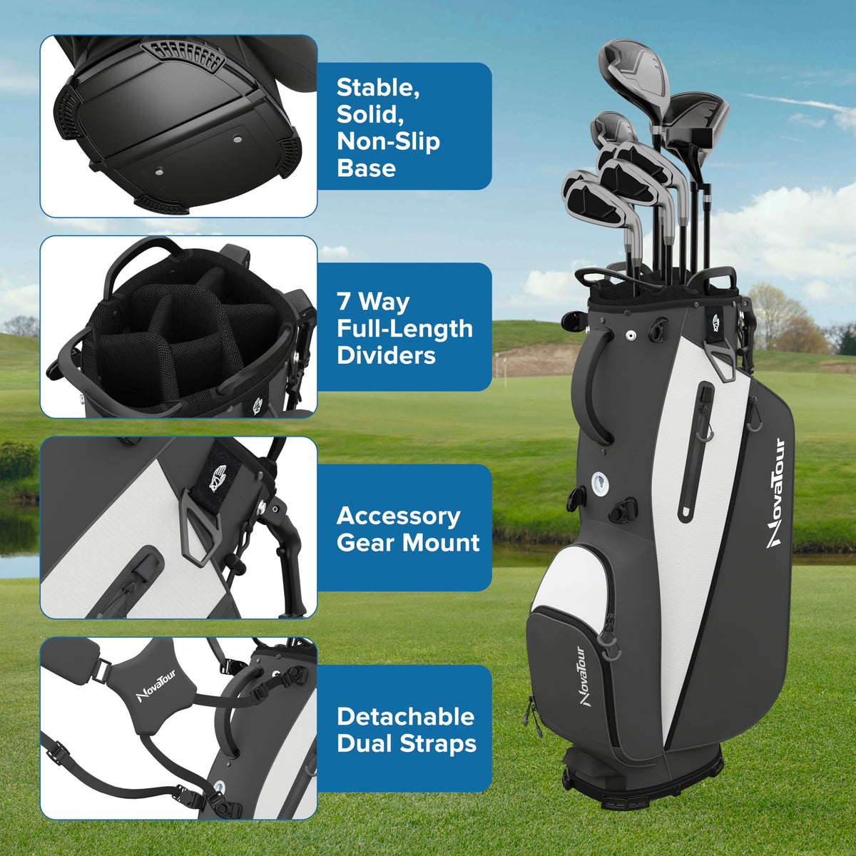 NovaTour Granite Grey stand bag features stable anti-slip legs on grass.