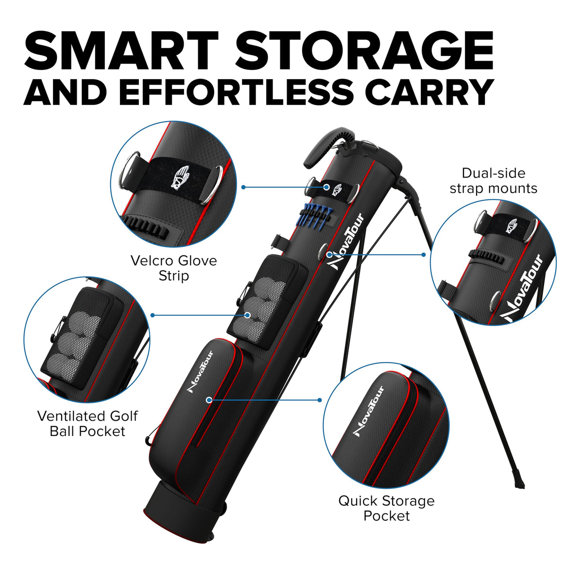 NovaTour bag stand with retractable legs demonstrated on turf for stability.