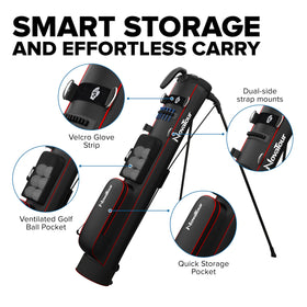 NovaTour bag stand with retractable legs demonstrated on turf for stability.