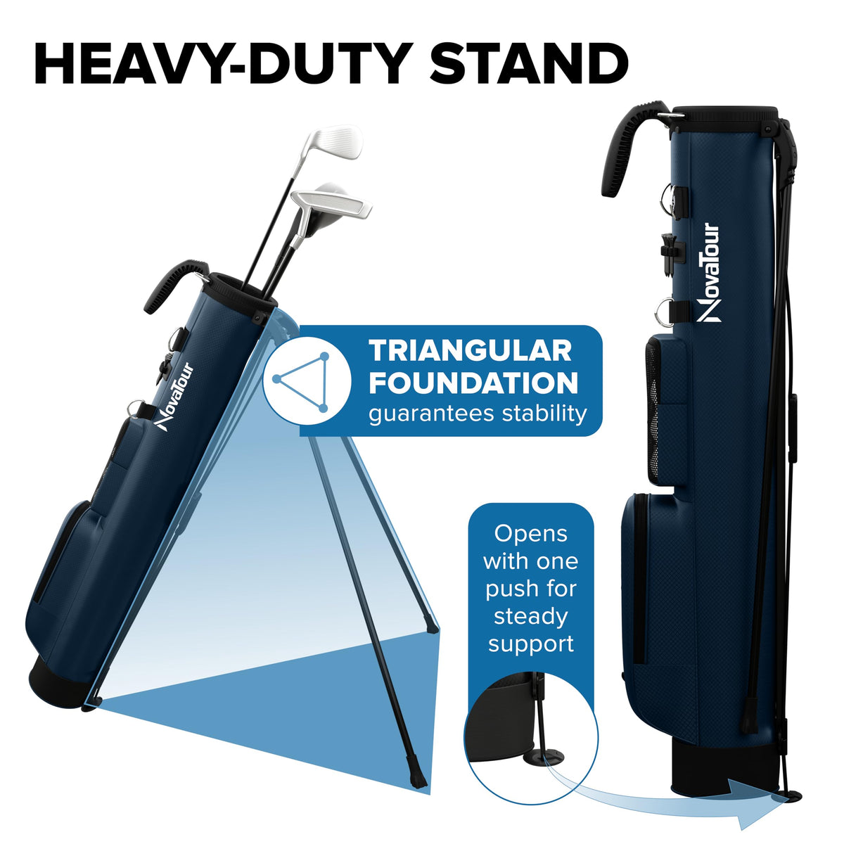 NovaTour retractable stand legs provide stable support on turf