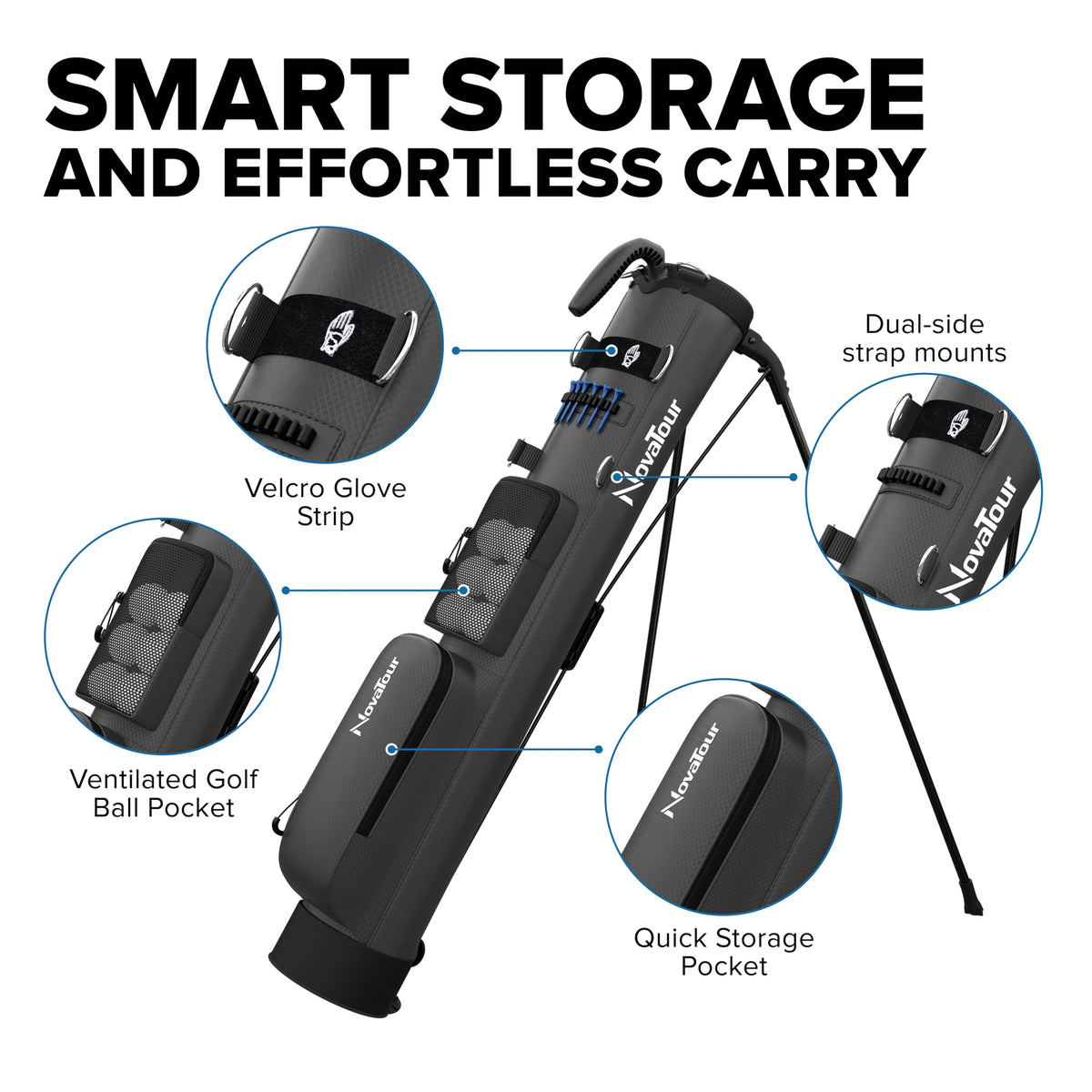 NovaTour bag's multiple storage pockets keep balls, tees, and accessories organized.