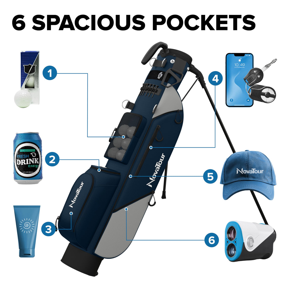 NovaTour insulated cooler pocket keeps drinks cold and within reach during rounds.