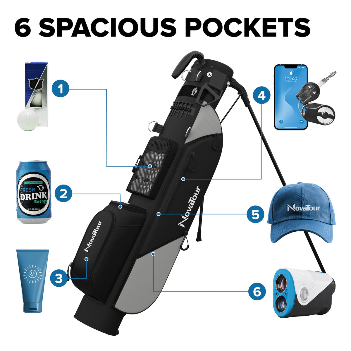 NovaTour Phantom Black golf bag side view showing ergonomic double straps