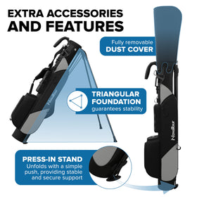 NovaTour Phantom Black golf bag with stand legs deployed for quick setup on the course