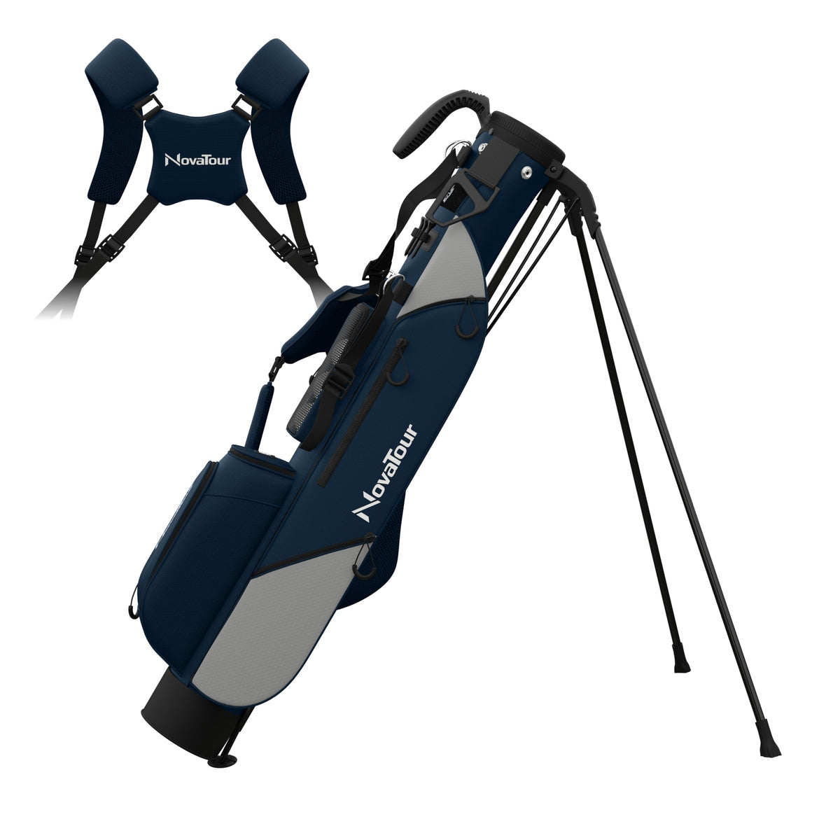 NovaTour Ultra-Lightweight Golf Bag with stand deployed for quick setup and stability.