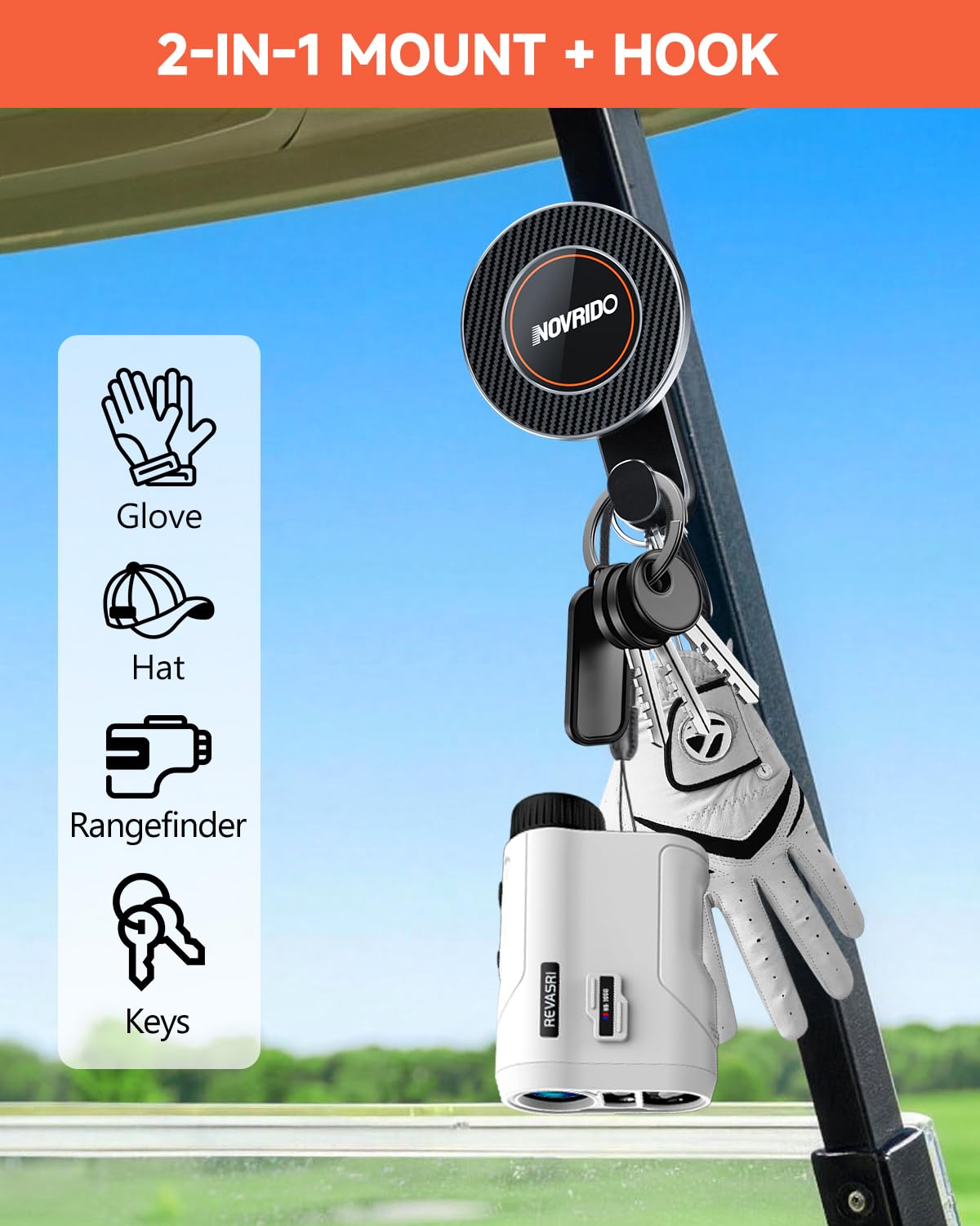 NOVRIDO built-in gear hook keeps gloves, keys, and towels within reach