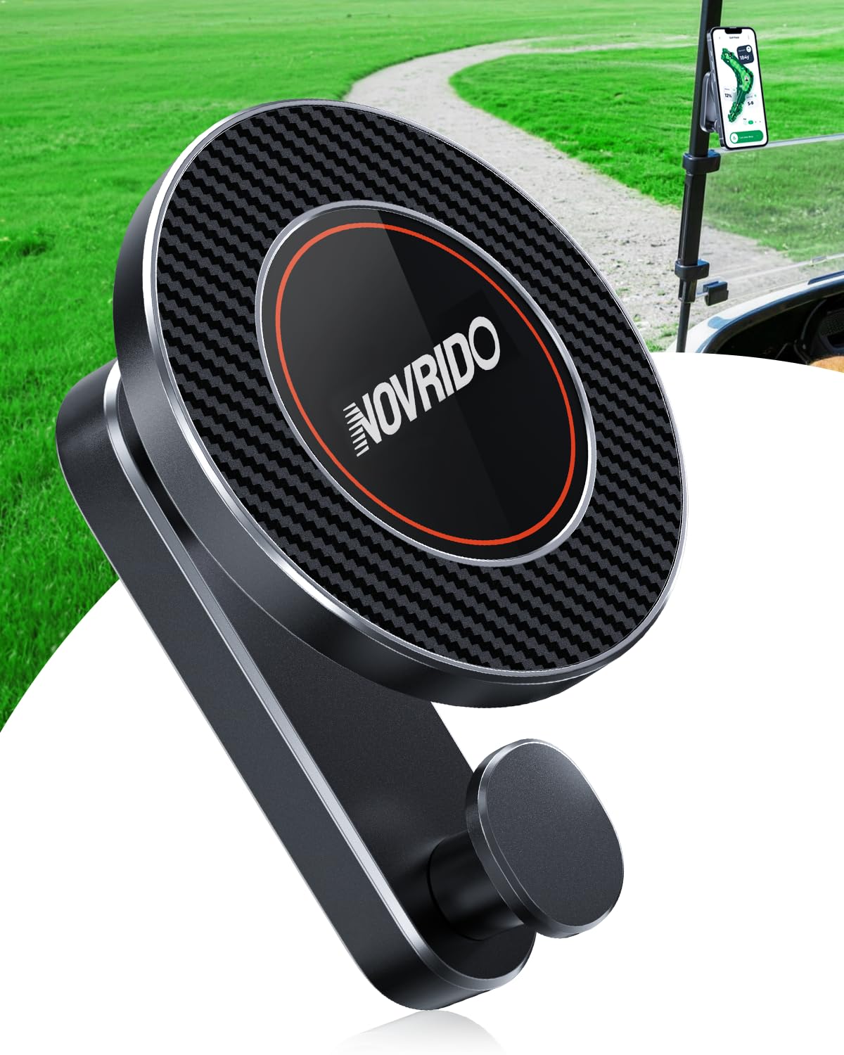 NOVRIDO magsafe golf cart mount secures phone on rough courses for stable GPS use