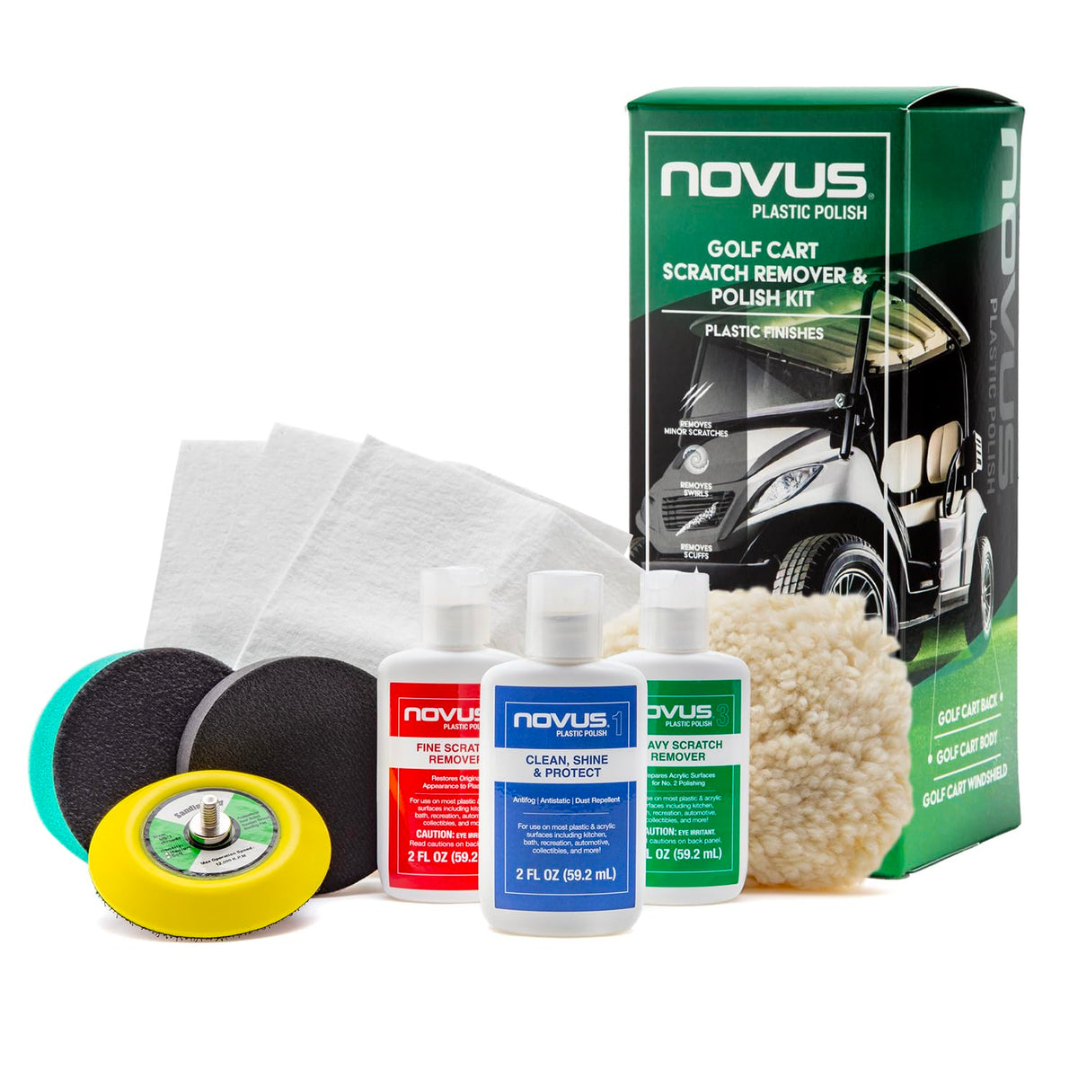 Novus 7760 polish bottles set for quick scratch removal on golf cart plastics