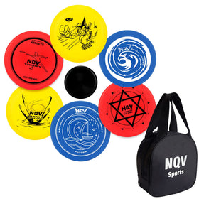 NQV Disc Golf Set six discs close-up showing variety of flight patterns for different shots