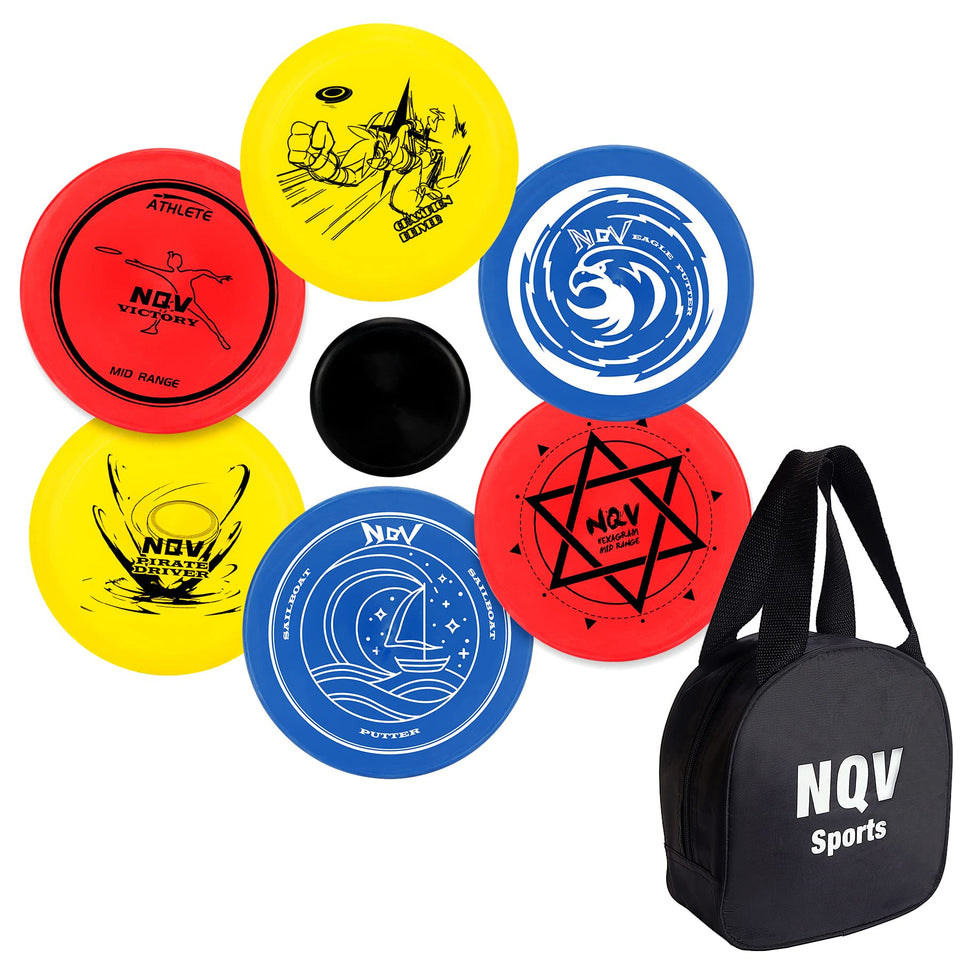NQV Disc Golf Set six discs close-up showing variety of flight patterns for different shots