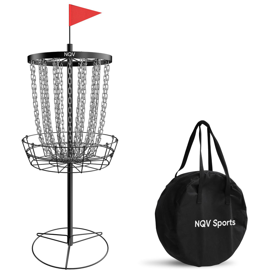 NQV PRO disc golf basket with carry bag for easy transport.