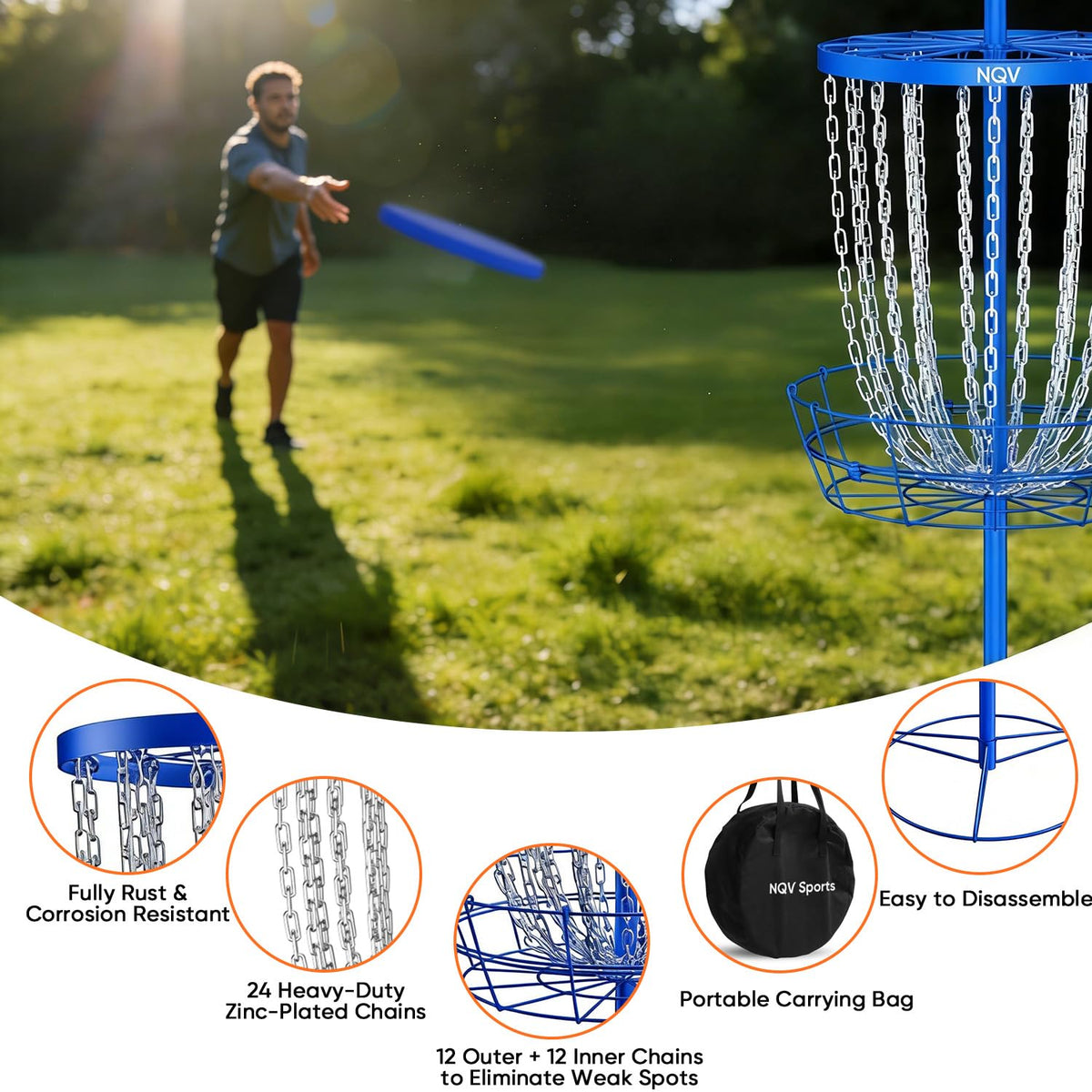 Double-stability base with four stakes keeps the basket steady against hits.