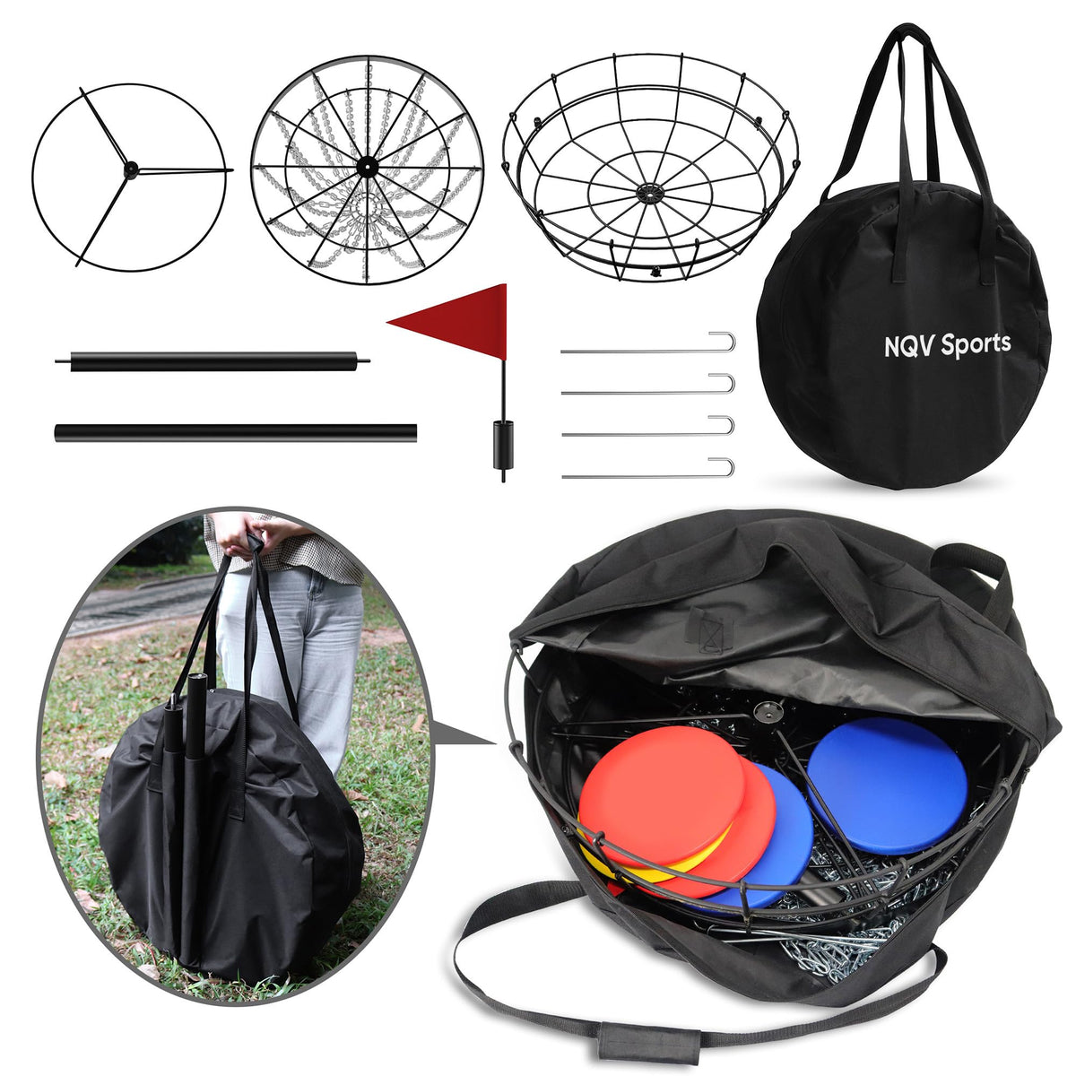 NQV PRO Disc Golf Basket transit bag ready for easy outdoor transport