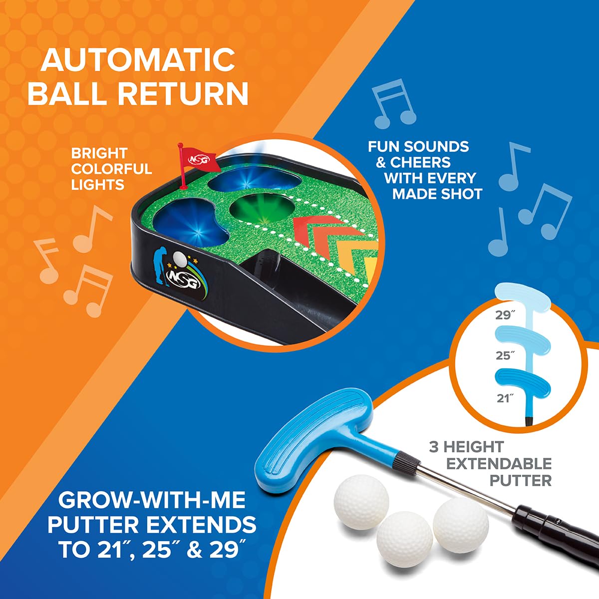 NSG Mini Golf set shows aiming flag to improve precision during indoor play