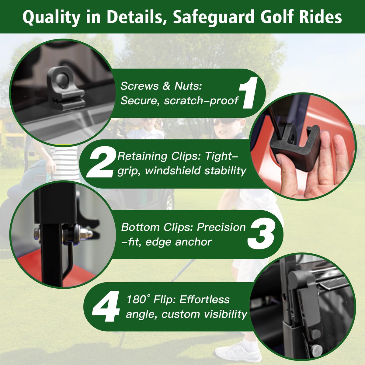 Nuojinsi EZGO TXT windshield with UV-resistant clear pane for sunny days.