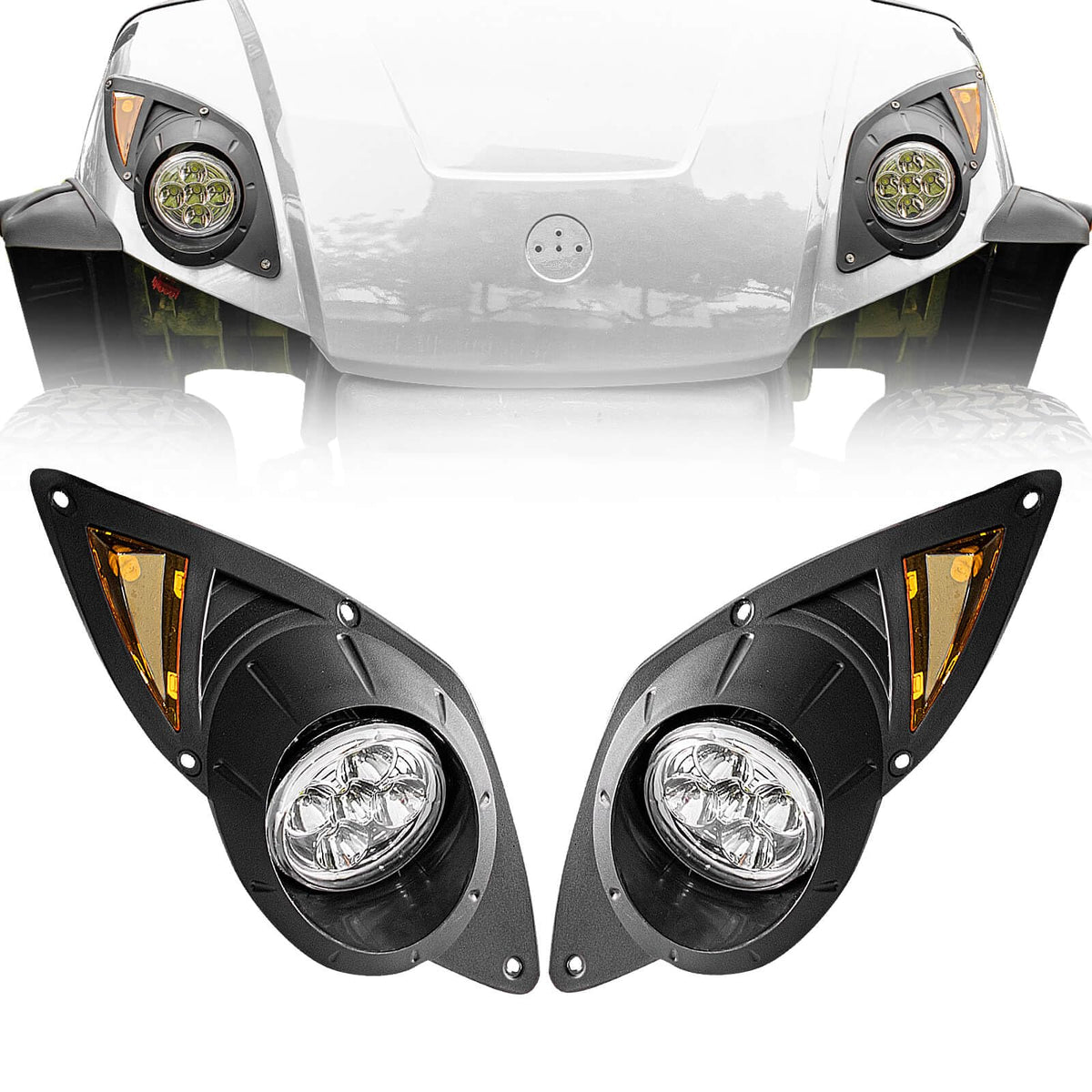 Nuojinsi golf cart LED headlight kit on Yamaha Drive G29, driver-side front, for improved night visibility.