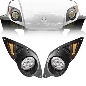 Nuojinsi golf cart LED headlight kit on Yamaha Drive G29, driver-side front, for improved night visibility.
