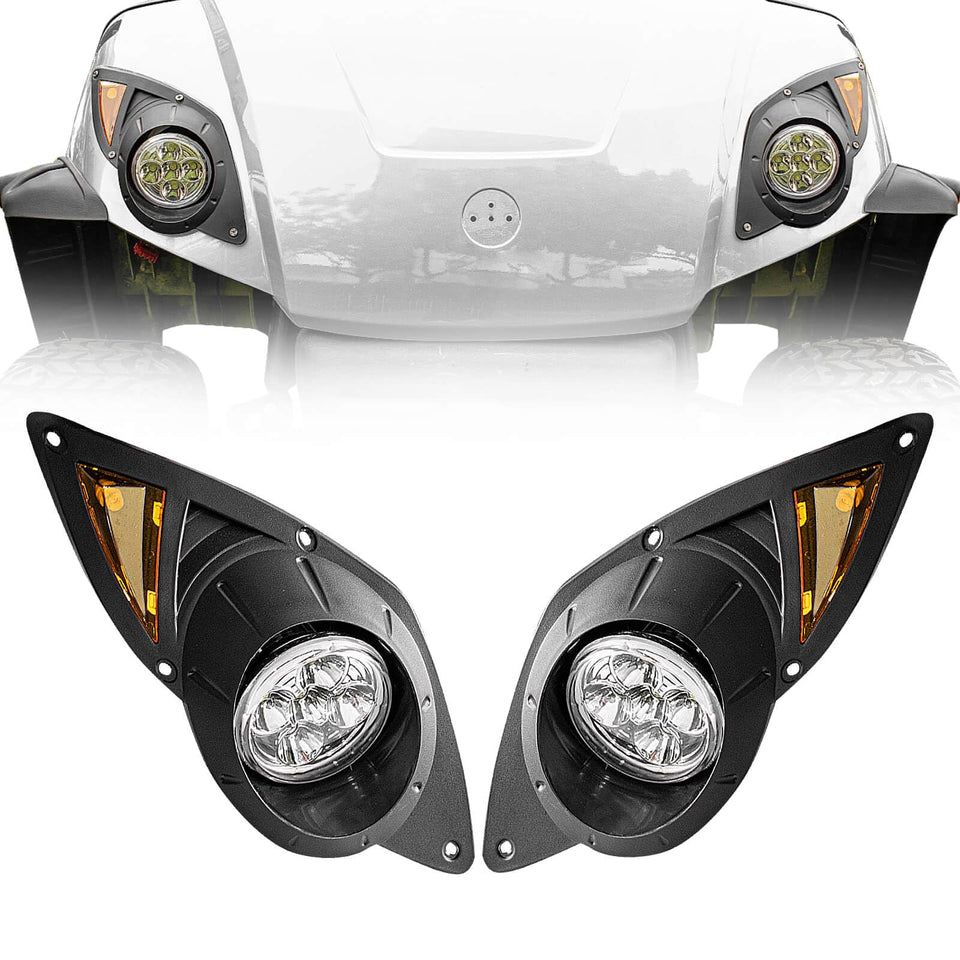 Nuojinsi golf cart LED headlight kit on Yamaha Drive G29, driver-side front, for improved night visibility.