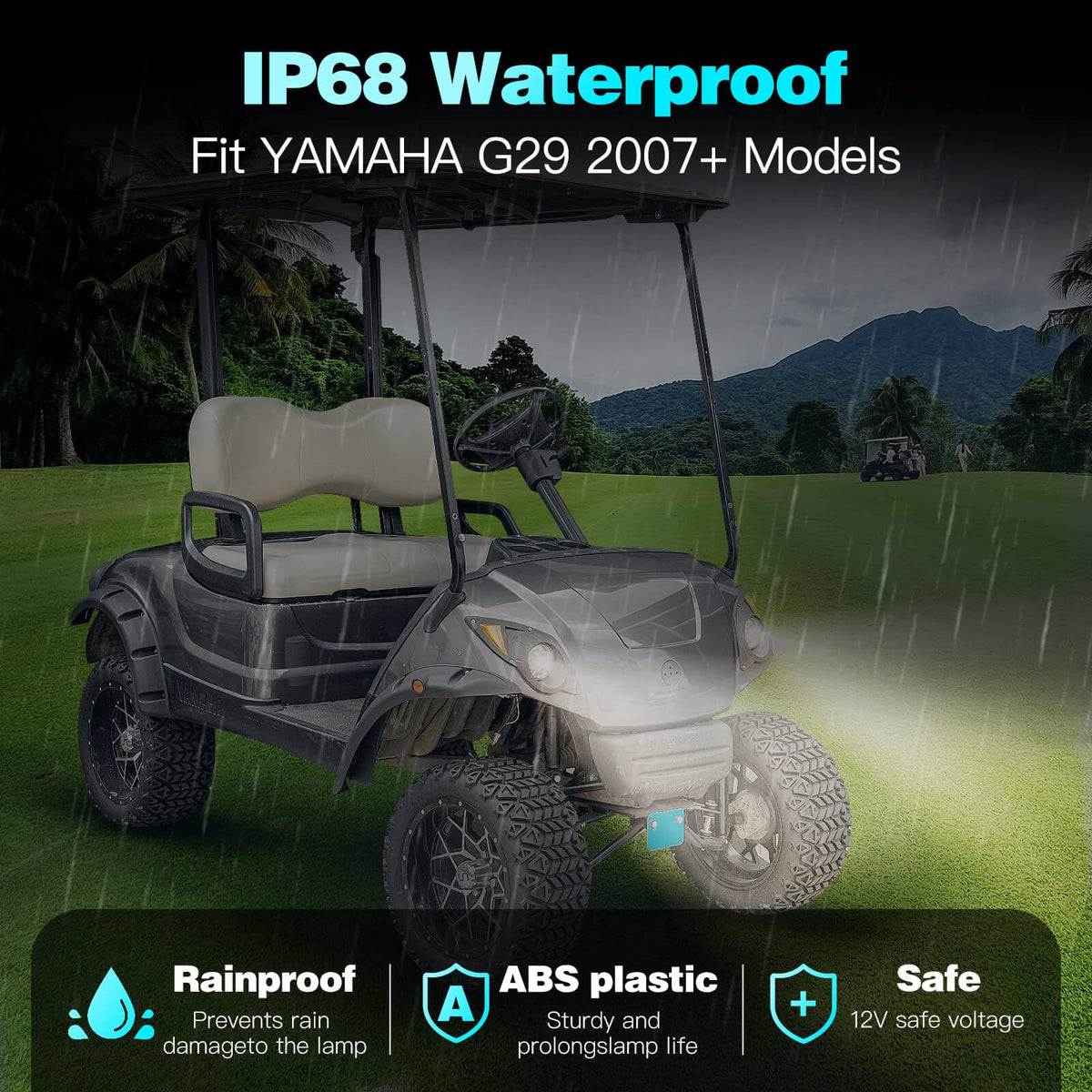 Nuojinsi golf cart LED headlight kit on Yamaha Drive G29, passenger-side front, for clearer night driving.