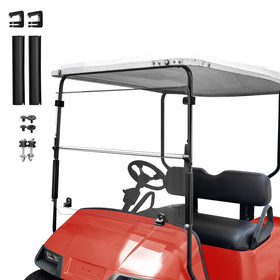 Nuojinsi EZGO TXT folding windshield on golf cart; rain protection and clear view.
