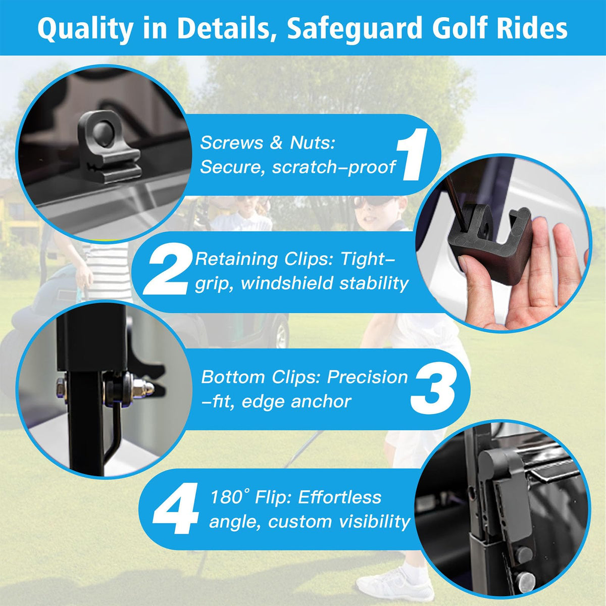 Nuojinsi windshield installed on Club Car Precedent for quick setup