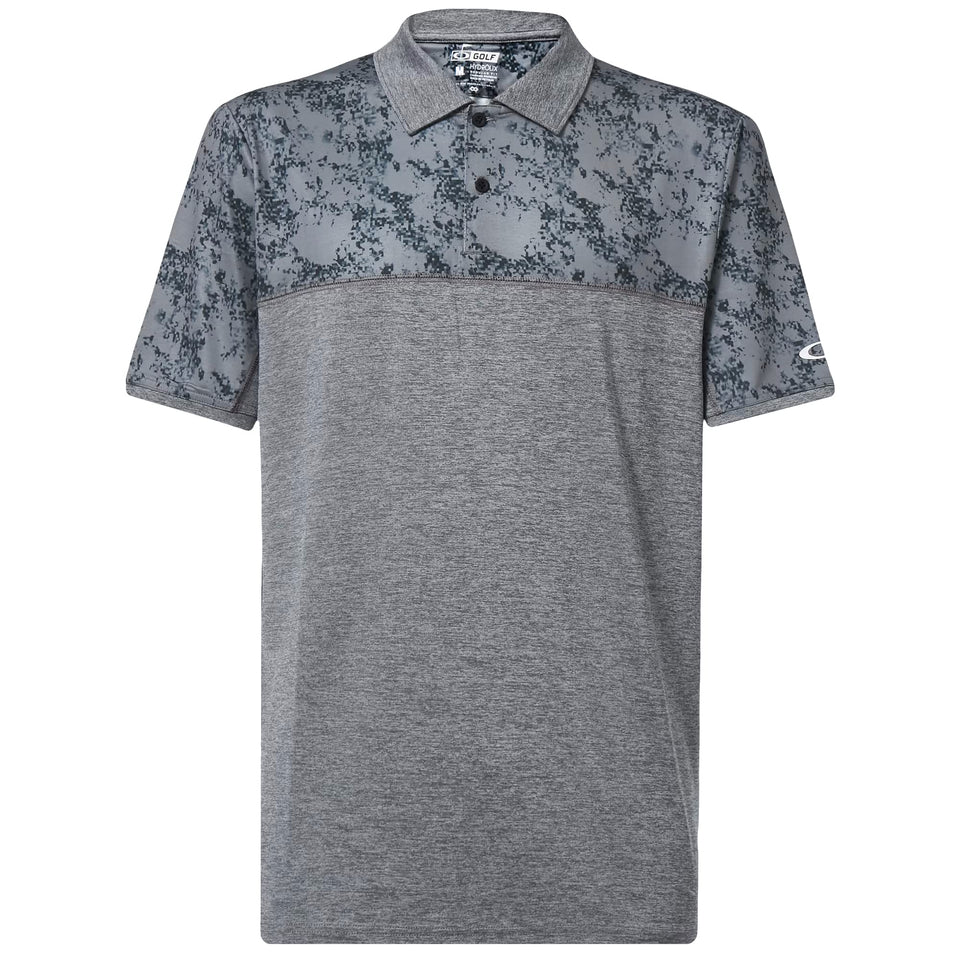 Oakley Sand Block Polo front view shows color-block design and moisture-wicking comfort.