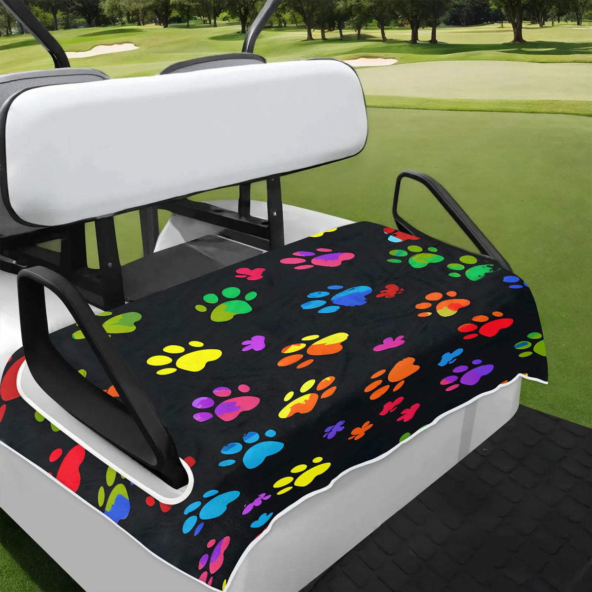 Obtravar Pawprint seat cover with colorful pawprint pattern protects golf cart seats.