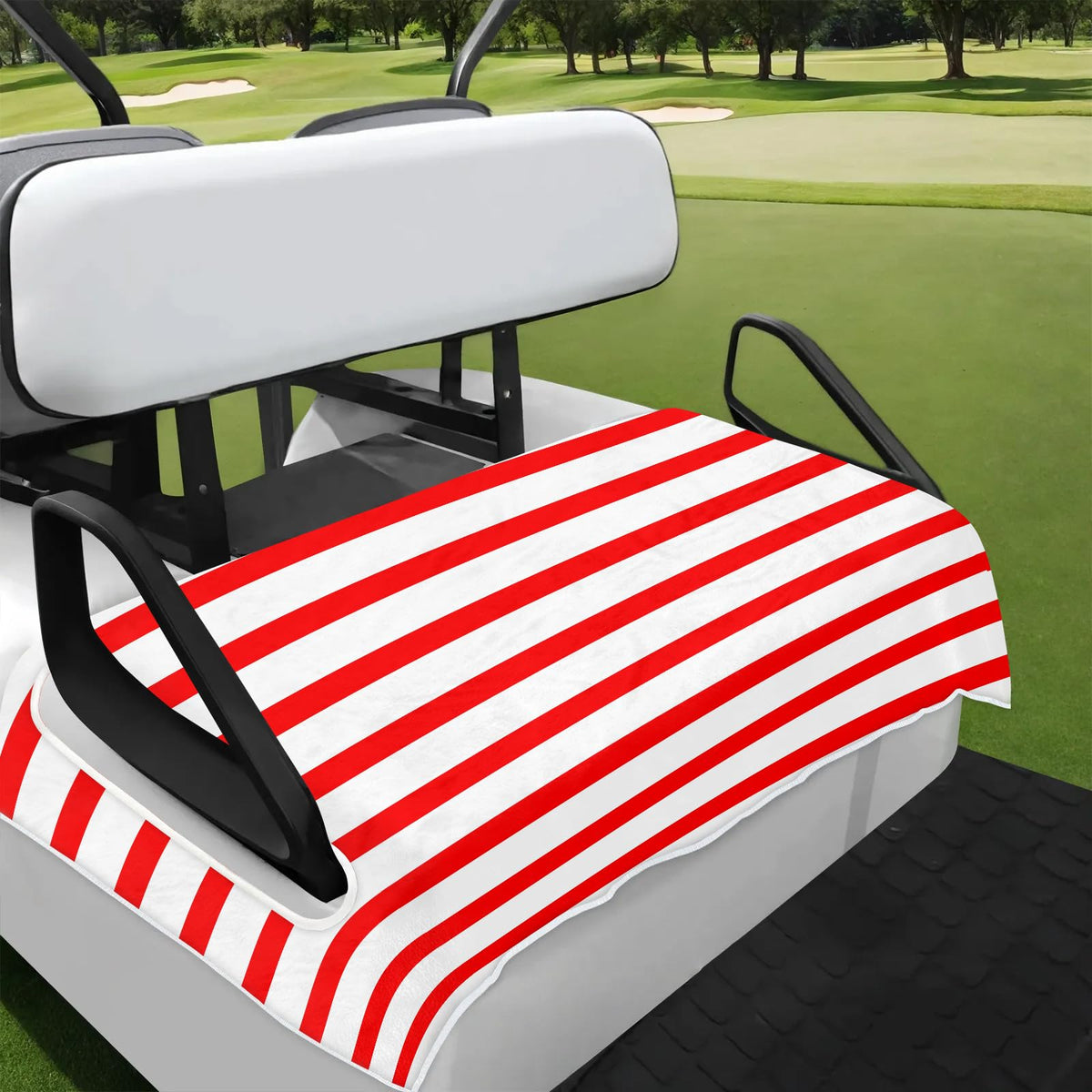 Obtravar red white striped golf cart seat covers on two-seat cart, non-slip and moisture-absorbent for comfort